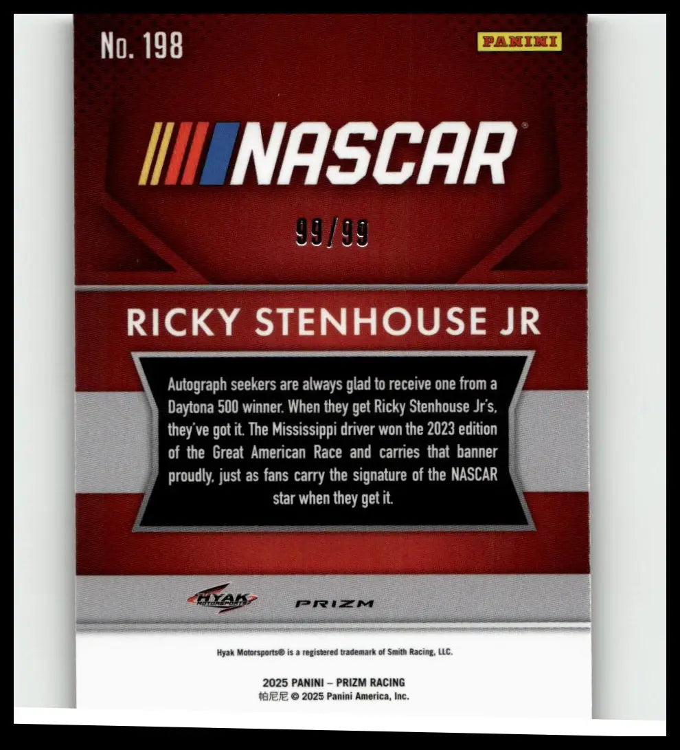 Red and silver 2025 Panini Prizm trading card featuring ricky stenhouse jr purple edition numbered 198#/99