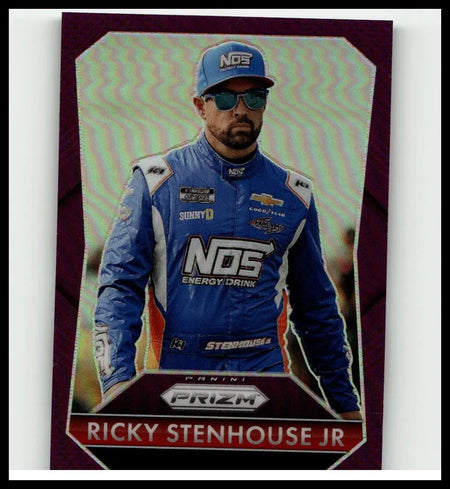 Blue and white racing suit with sponsor logos worn by Ricky Stenhouse Jr in 2025 Panini Prizm Stenhouse Jr Purple card