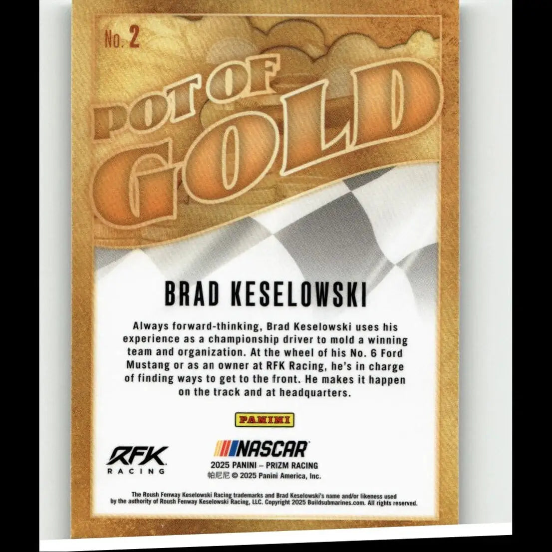 Gold-colored pot of gold trading card featuring nascar driver brad keselowski from 2025 panini prizm series