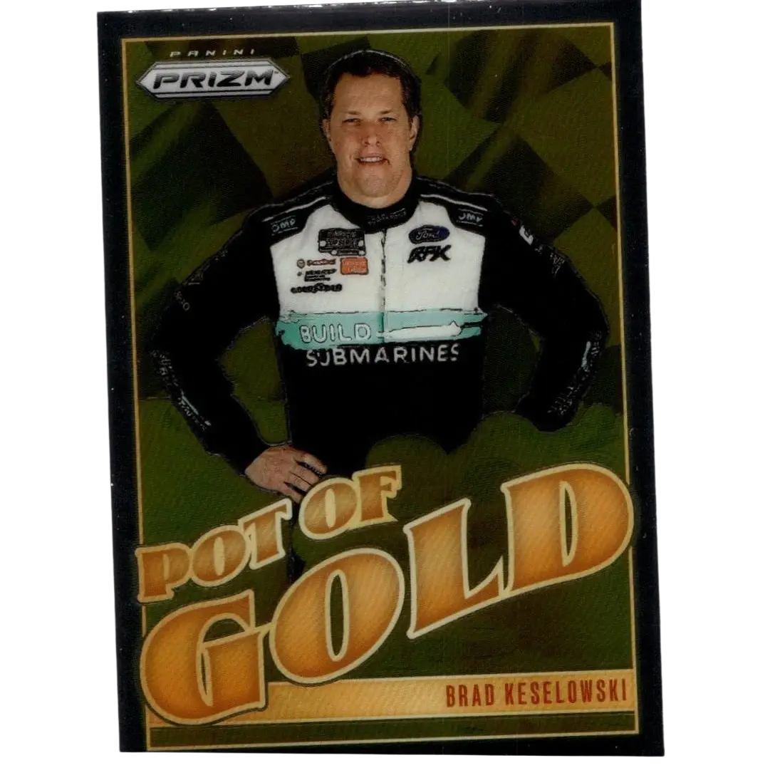 2025 panini prizm #2 brad keselowski pot of gold trading card featuring the driver in black white and teal suit