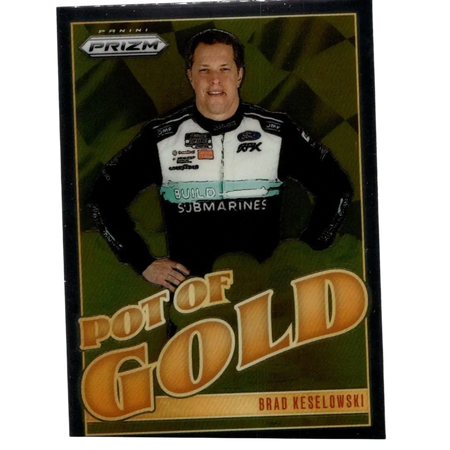 2025 panini prizm #2 brad keselowski pot of gold trading card featuring the driver in black white and teal suit