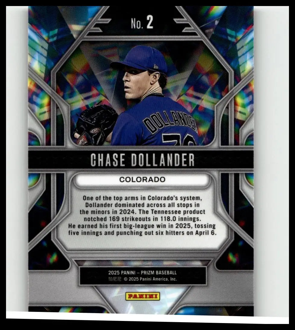 Blue baseball jersey with dollander and number 76 on the back worn by chase dollander on 2025 panini prizm prizmatic card