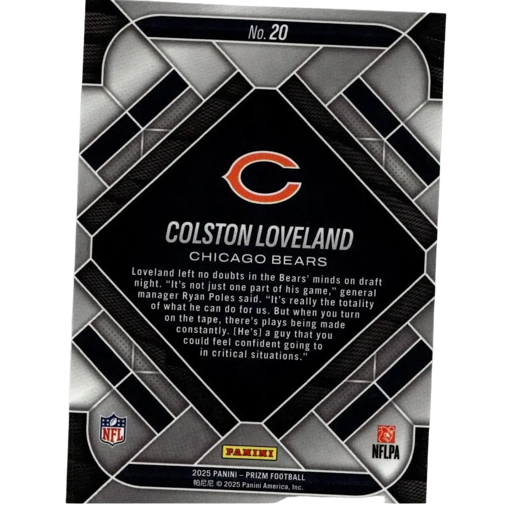 Black and silver geometric 2025 panini prizm #20 colston loveland emergent football card featuring chicago bears logo