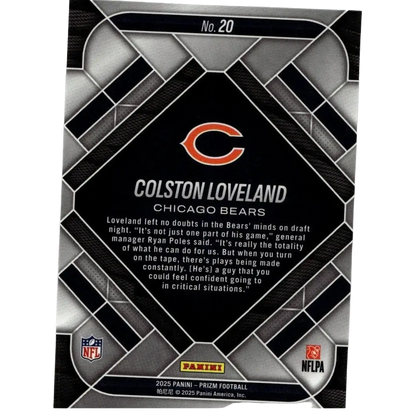 Black and silver geometric 2025 panini prizm #20 colston loveland emergent football card featuring chicago bears logo