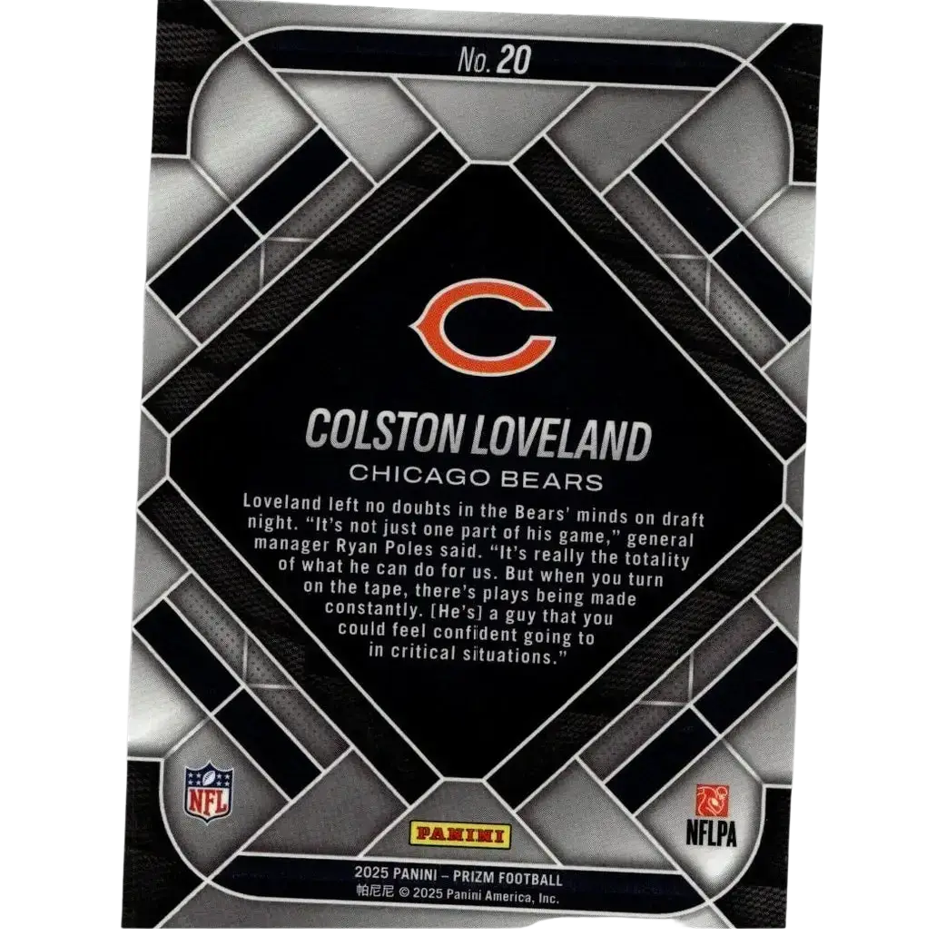 Black and silver geometric panini prizm football trading card featuring chicago bears colston loveland emergent with nfl gm text