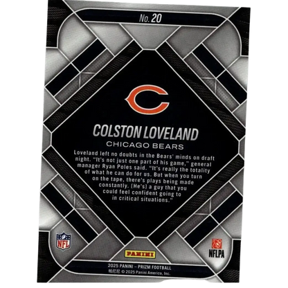 Black and silver geometric panini prizm football trading card featuring chicago bears colston loveland emergent with nfl gm text