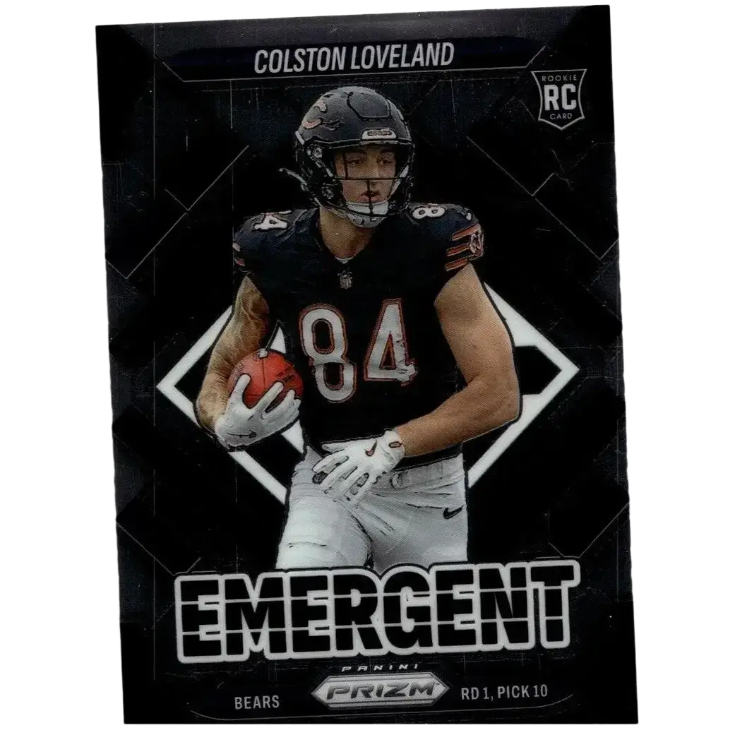 Black and white 2025 panini prizm #20 colston loveland emergent football trading card with colston loveland in black jersey holding orange ball