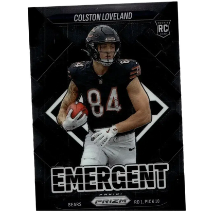 Black and white 2025 panini prizm #20 colston loveland emergent football trading card with colston loveland in black jersey holding orange ball