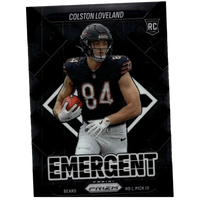 Black and white football trading card of colston loveland in black jersey holding orange football 2025 panini prizm emergent