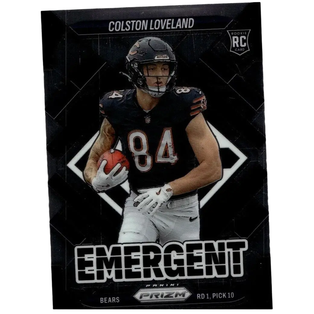 Black and white football trading card of colston loveland in black jersey holding orange football 2025 panini prizm emergent