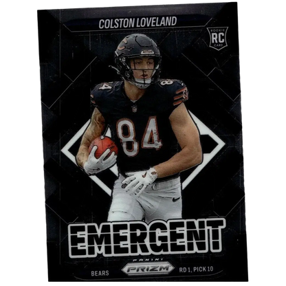 Black and white football trading card of colston loveland in black jersey holding orange football 2025 panini prizm emergent
