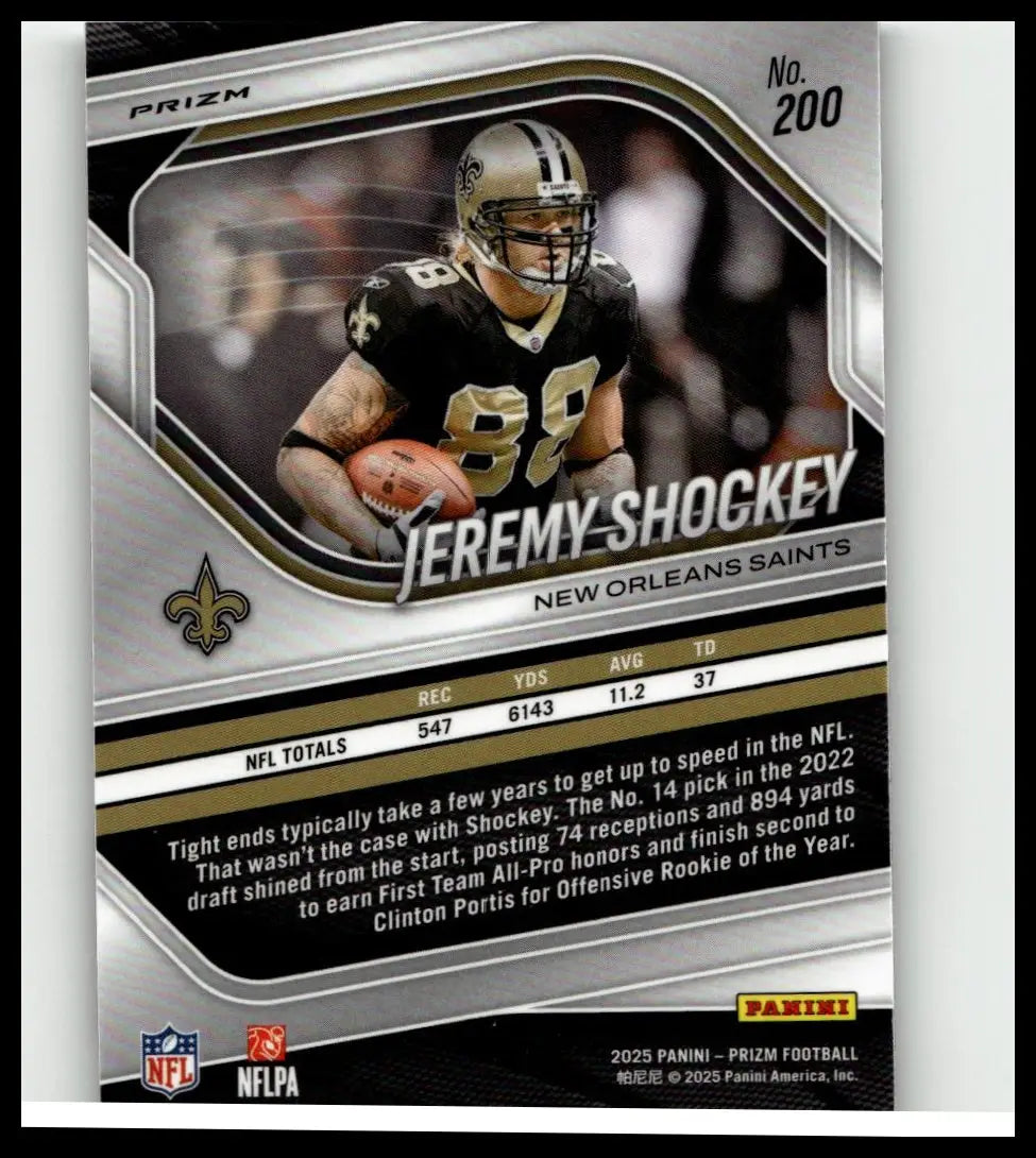 Silver and black panini prizm football card featuring jeremy shockey new orleans saints 2025 no huddle edition