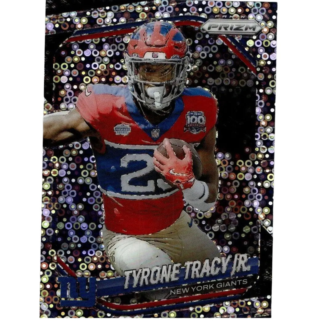 A shiny holographic silver disco panini prizm football trading card featuring tyrone tracy jr for action and toy figures collection