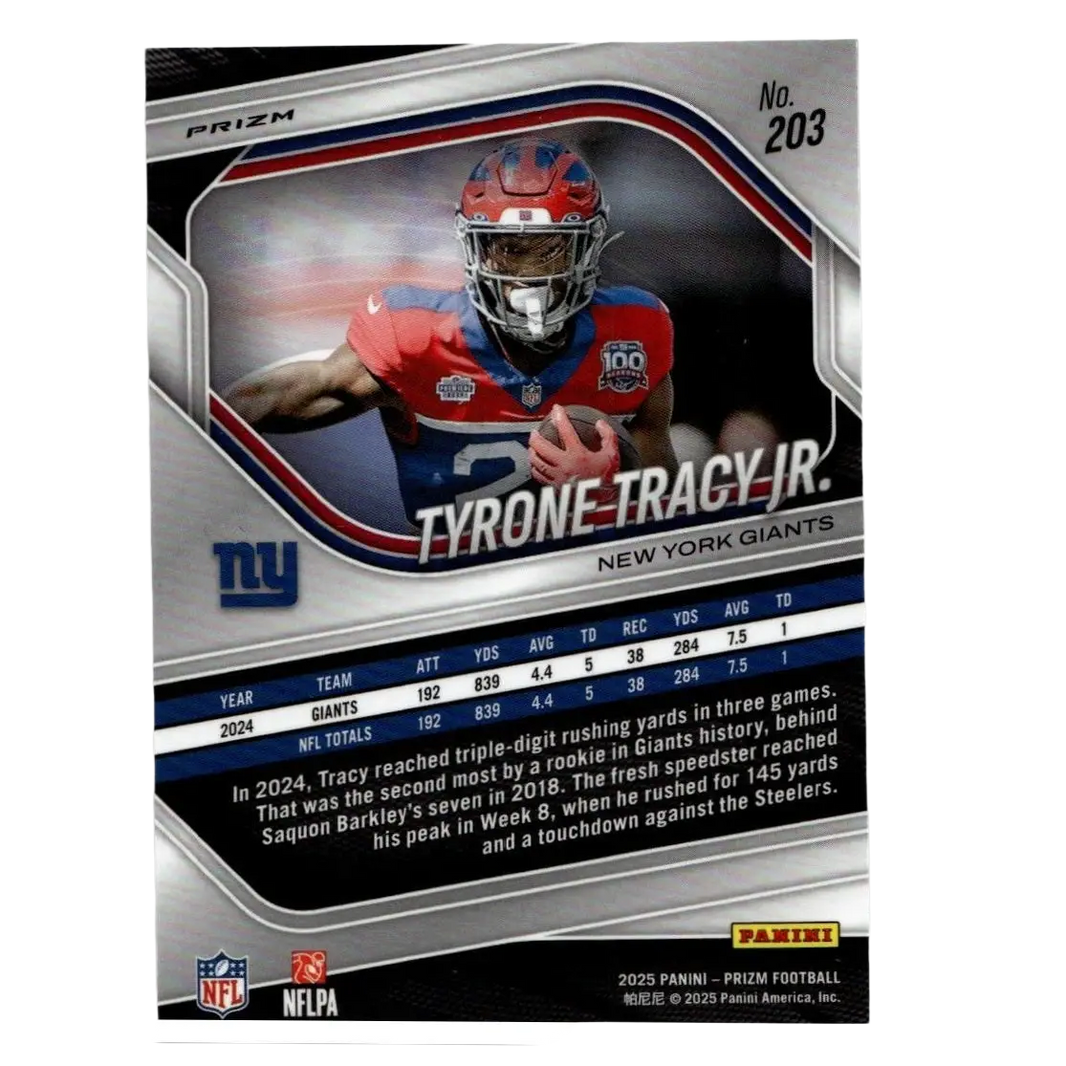 Silver and red prizm football trading card featuring tyrone tracy jr from 2025 panini prizm silver disco series