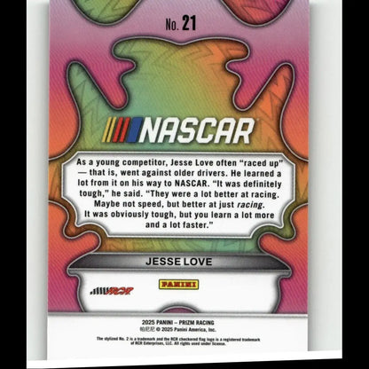 Nascar trading card featuring jesse love groovy with vibrant rainbow-gradient design and official panini prizm logo
