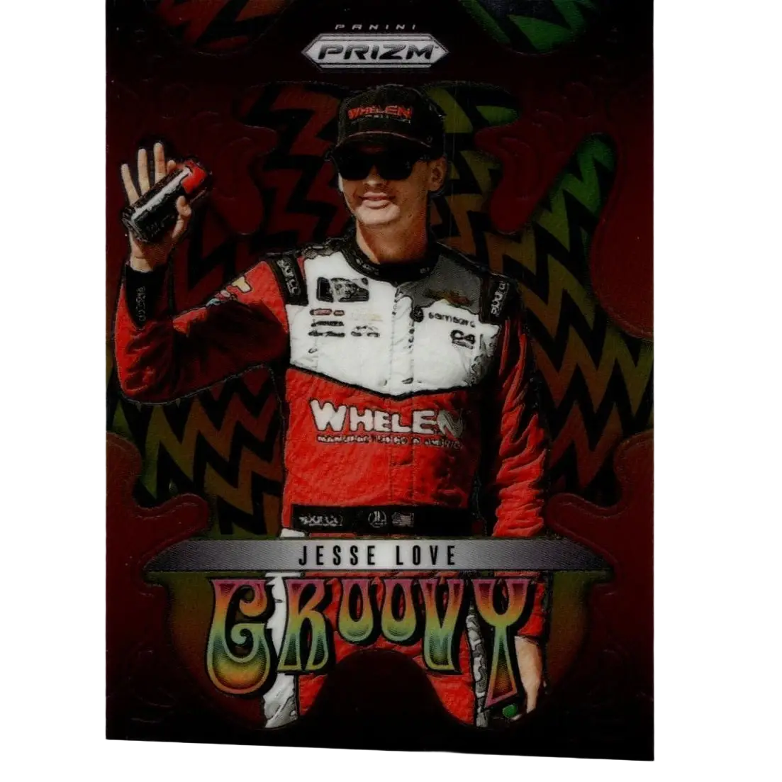 Red and white racing suit with black accents featuring whelen branding in 2025 panini prizm jesse love groovy