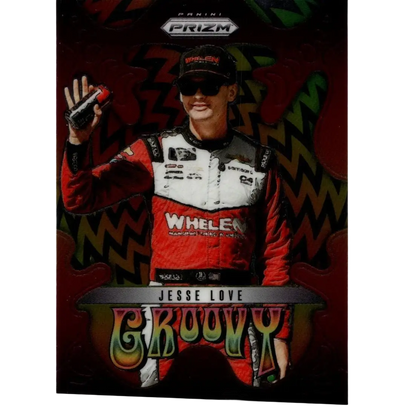 Red and white racing suit with black accents featuring whelen branding in 2025 panini prizm jesse love groovy