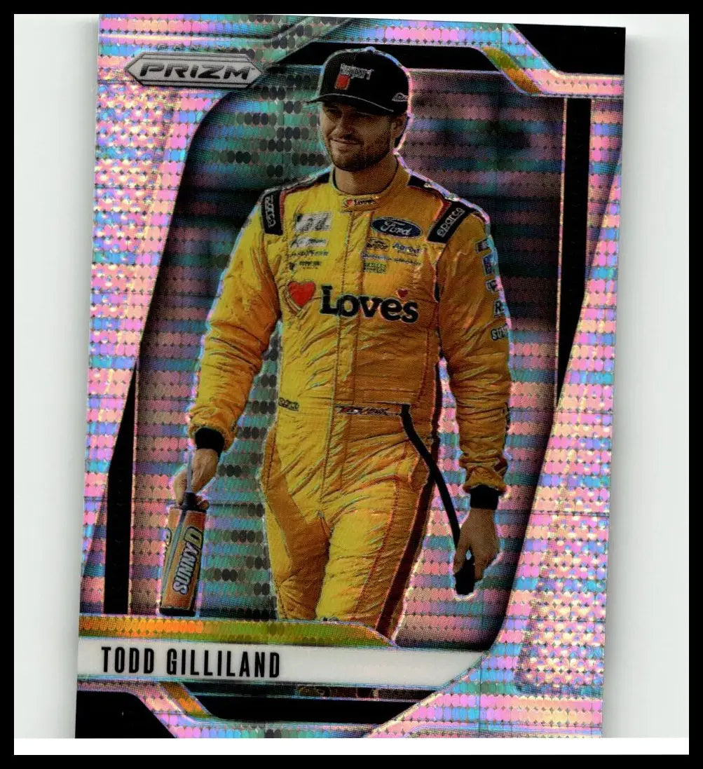 Yellow and black todd gilliland racing suit with sponsor logos on 2025 panini prizm pulsar trading card number 21