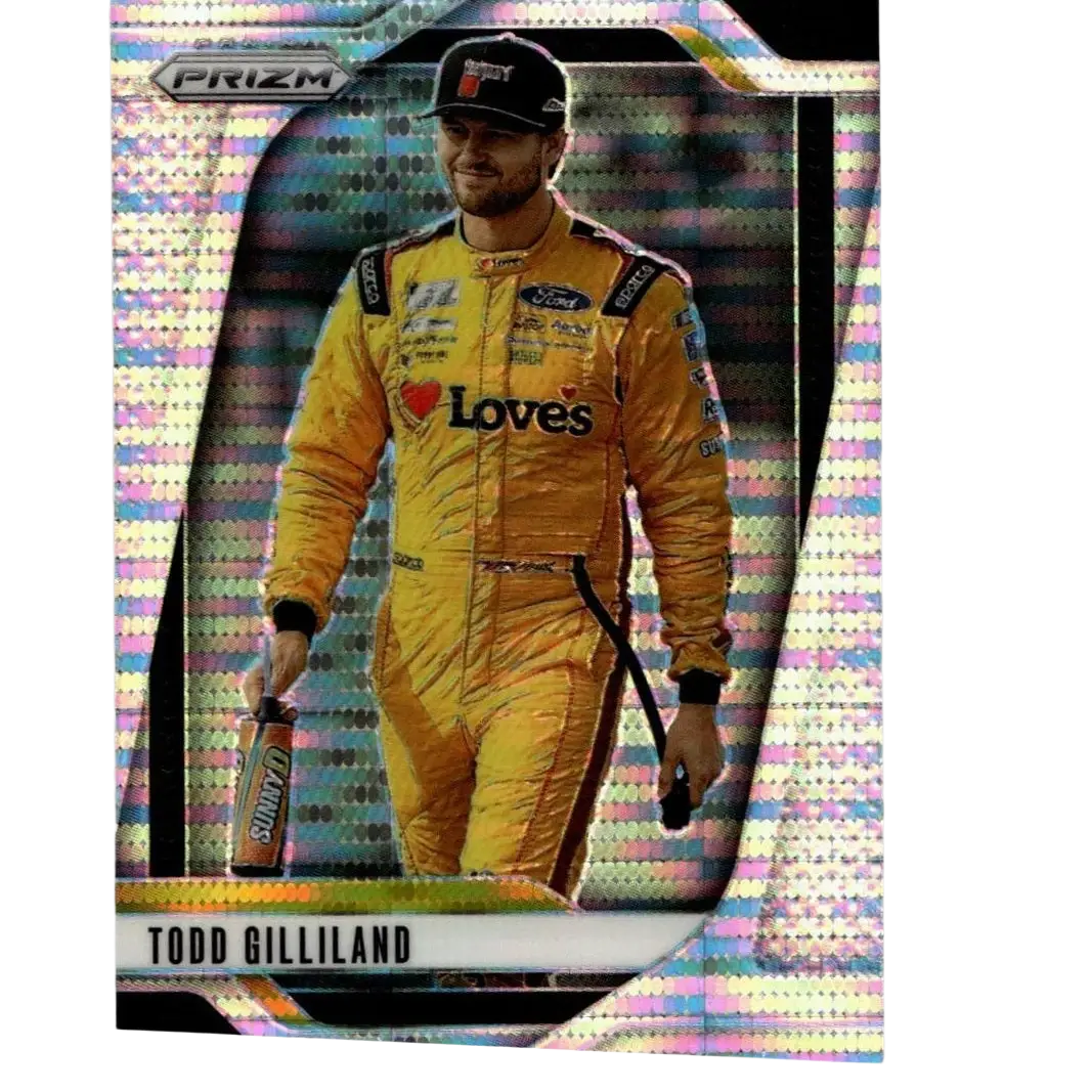 A vibrant yellow todd gilliland racing suit with black and red accents featured on 2025 panini prizm pulsar card