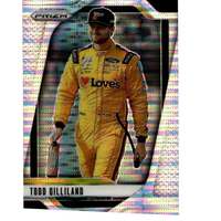 A vibrant yellow todd gilliland racing suit with black and red accents featured on 2025 panini prizm pulsar card