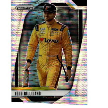 A vibrant yellow todd gilliland racing suit with black and red accents featured on 2025 panini prizm pulsar card