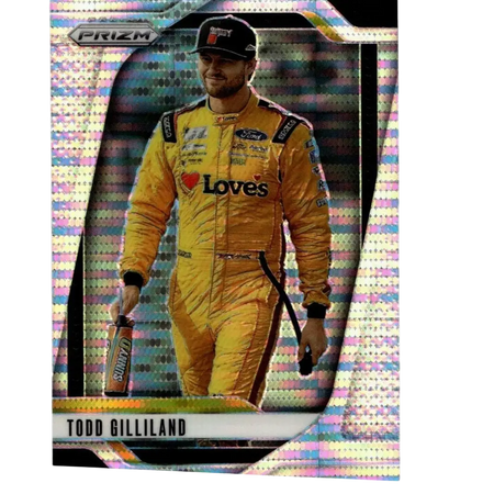 A vibrant yellow todd gilliland racing suit with black and red accents featured on 2025 panini prizm pulsar card