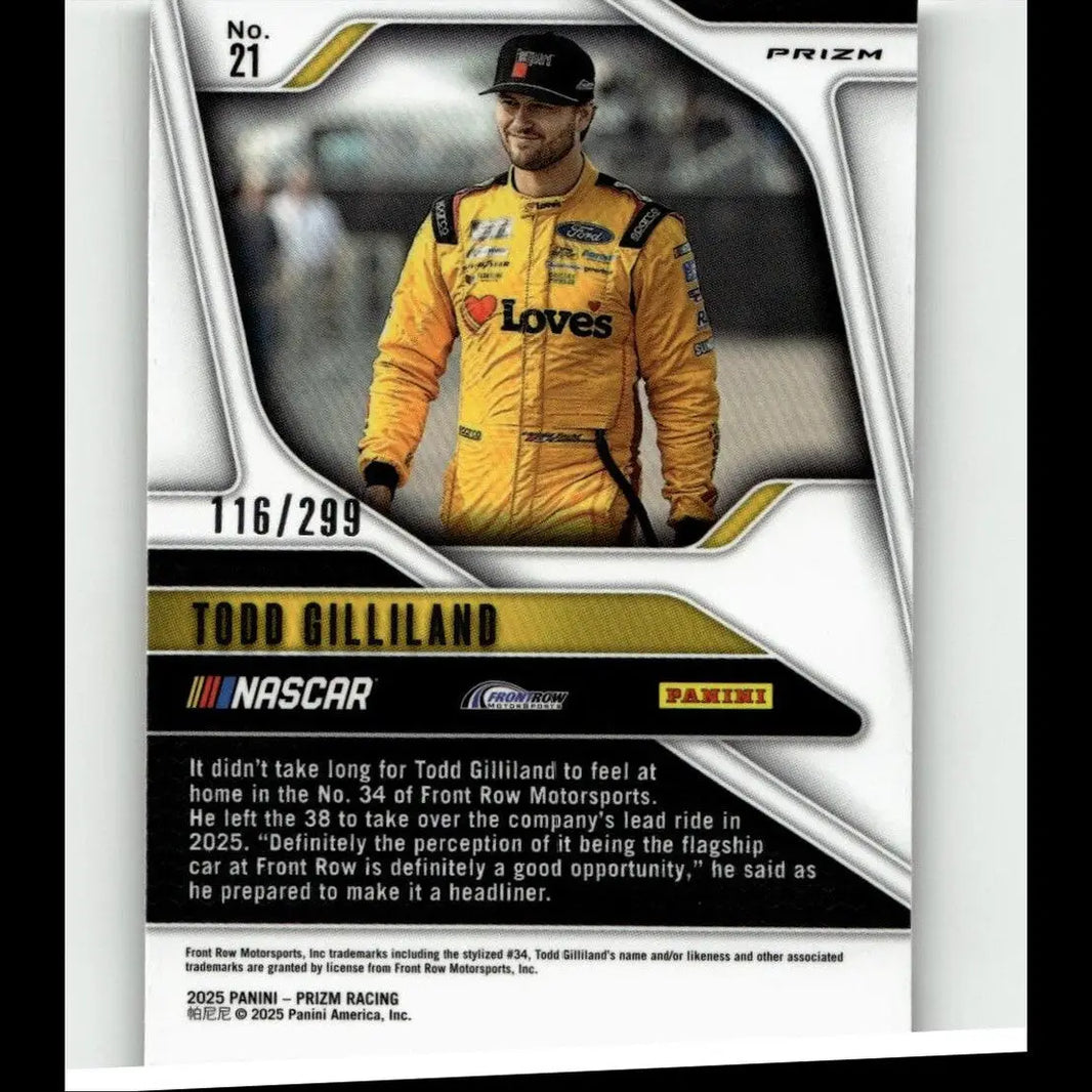 2025 panini prizm trading card featuring todd gilliland in yellow racing suit with loves logo todd gilliland pulsar
