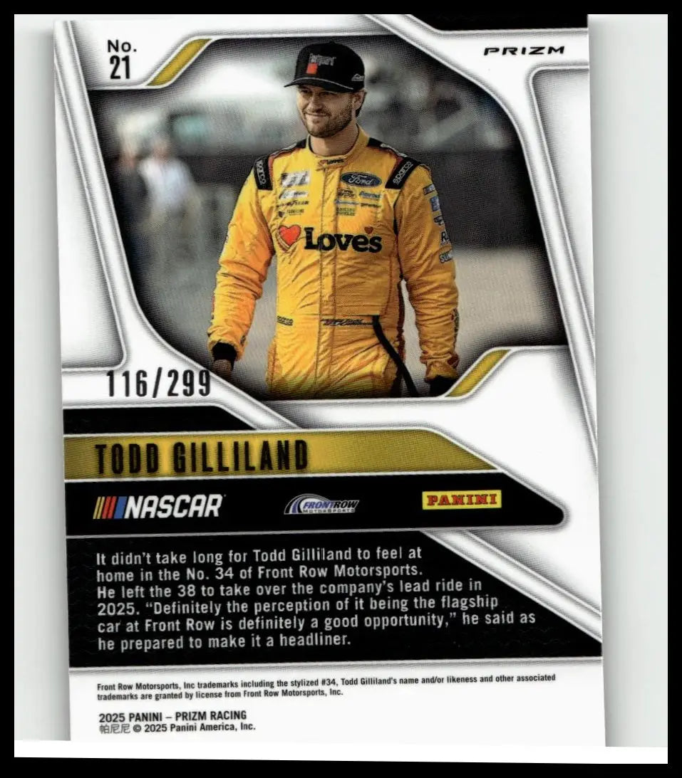 Yellow racing suit with black accents and sponsor logos worn by nascar driver todd gilliland in 2025 panini prizm pulsar