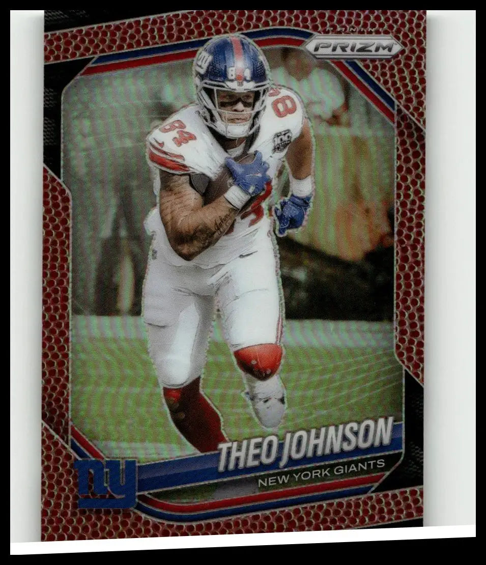 2025 panini prizm red white and blue football trading card of theo johnson pigskin numbered 211 of 180