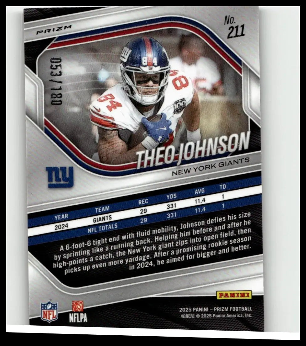 Silver and blue 2025 panini prizm theo johnson pigskin football trading card in team uniform numbered 211 of 180