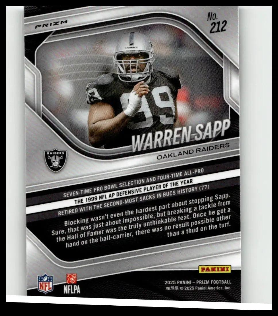 Silver and black 2025 panini prizm football trading card featuring warren sapp in oakland raiders uniform