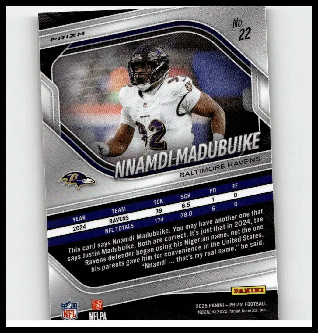 Silver and black prizm football trading card 2025 panini prizm #22 featuring nnamdi madubuike orange ice in white jersey