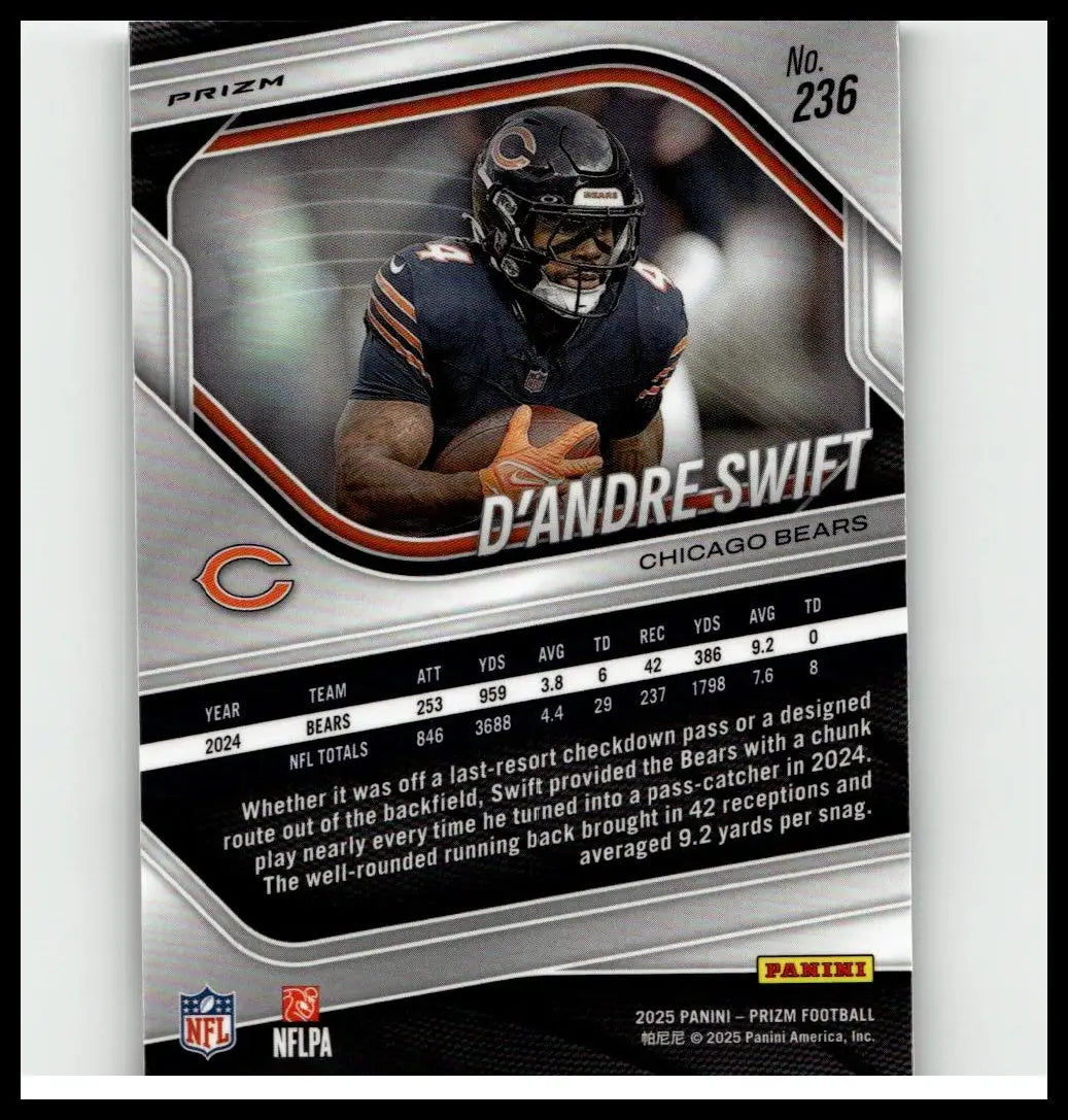 Silver and black panini prizm football trading card featuring d’andre swift white disco stats from 2024