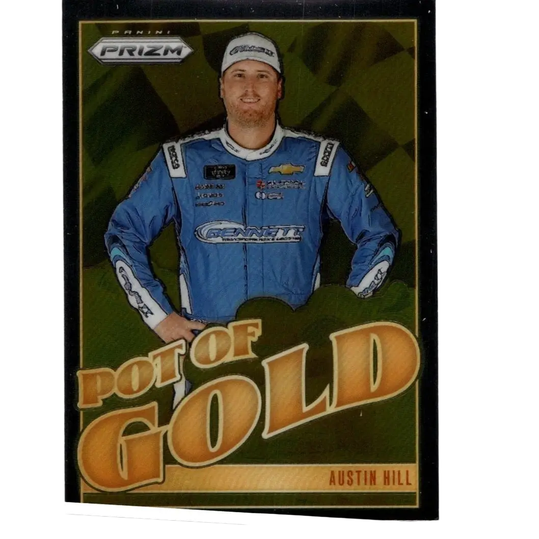 Blue racing suit with white accents and sponsor logos worn by Austin Hill on 2025 Panini Prizm Austin Hill Pot Of Gold card