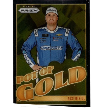 Blue racing suit with white accents and sponsor logos worn by Austin Hill on 2025 Panini Prizm Austin Hill Pot Of Gold card