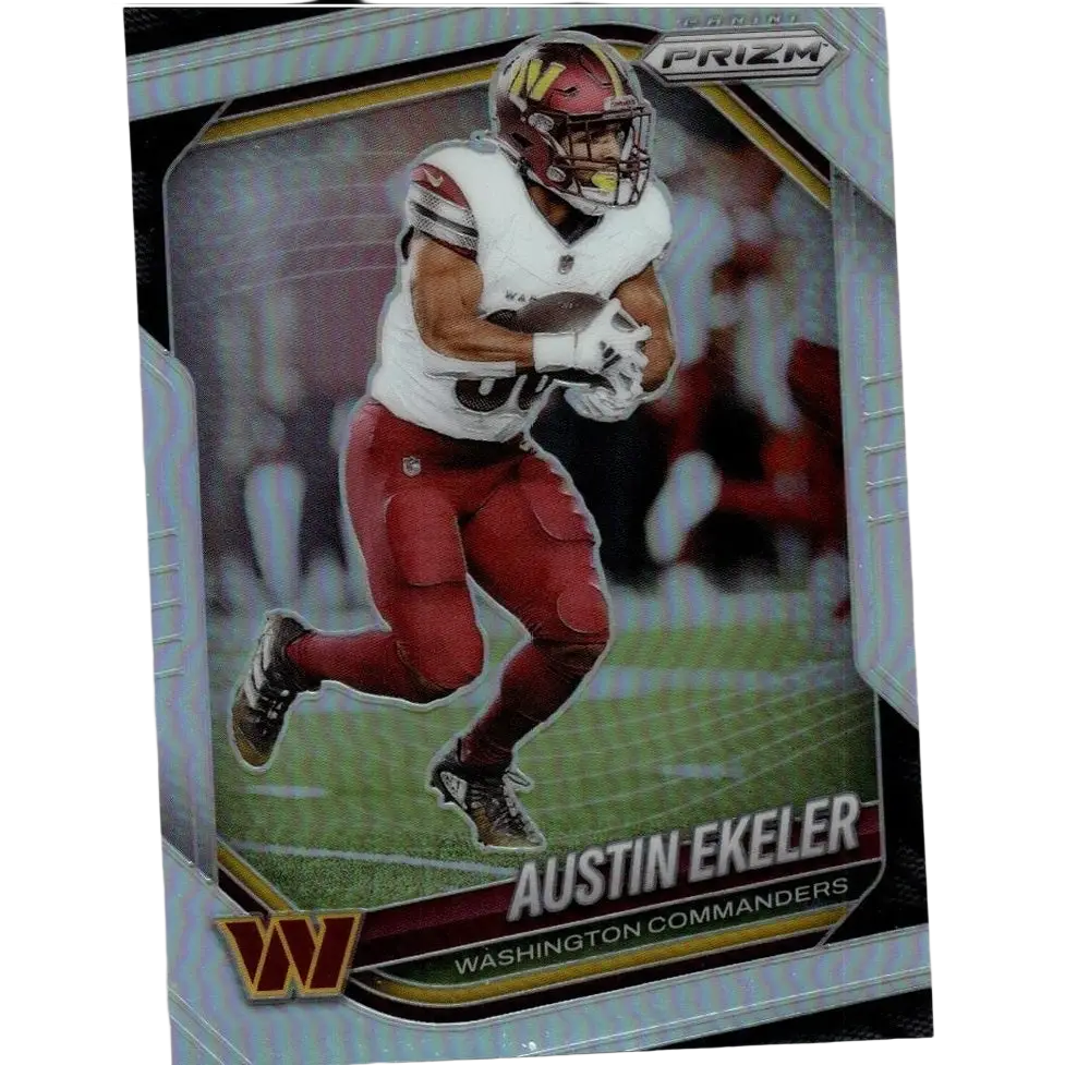 Silver and black Panini Prizm football trading card featuring Austin Ekeler in a white jersey with red pants
