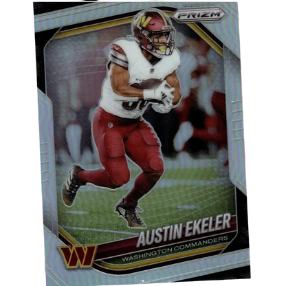 Silver and black Panini Prizm football trading card featuring Austin Ekeler in a white jersey with red pants