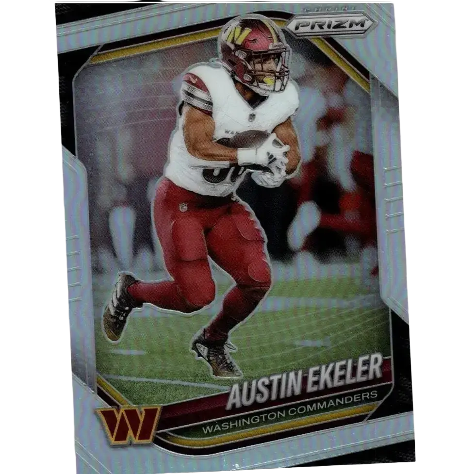 Silver and black panini prizm football trading card featuring austin ekeler in white jersey and red pants 2025 model