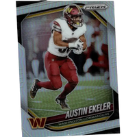 Silver and black panini prizm football trading card featuring austin ekeler in white jersey and red pants 2025 model