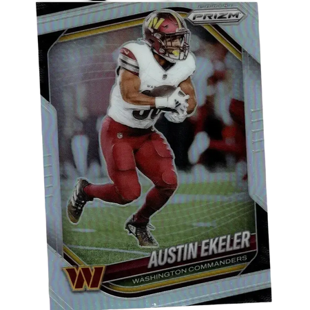 Silver and black panini prizm football trading card featuring austin ekeler in white jersey and red pants 2025 model