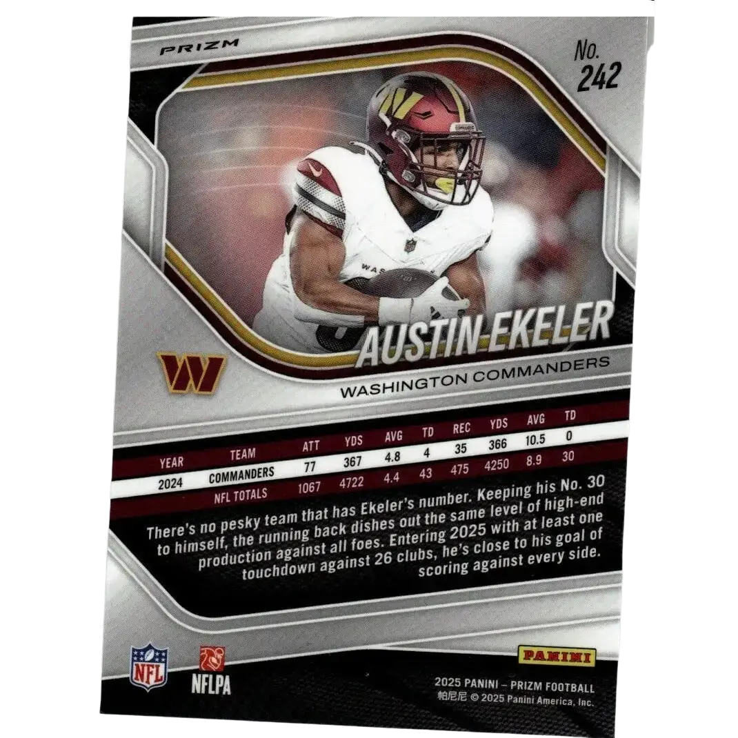 Silver and gold bordered 2025 panini prizm #242 austin ekeler silver football card in white washington commanders uniform