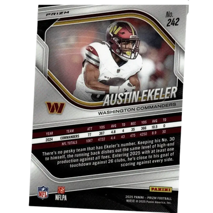 Silver and gold bordered 2025 panini prizm #242 austin ekeler silver football card in white washington commanders uniform
