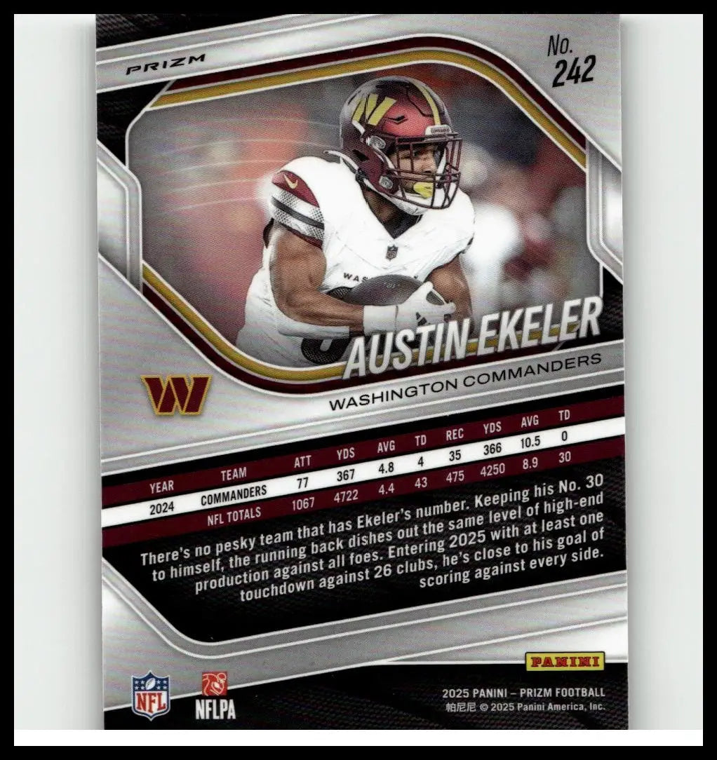 Silver and maroon 2025 panini prizm #242 austin ekeler silver football trading card of washington commanders player
