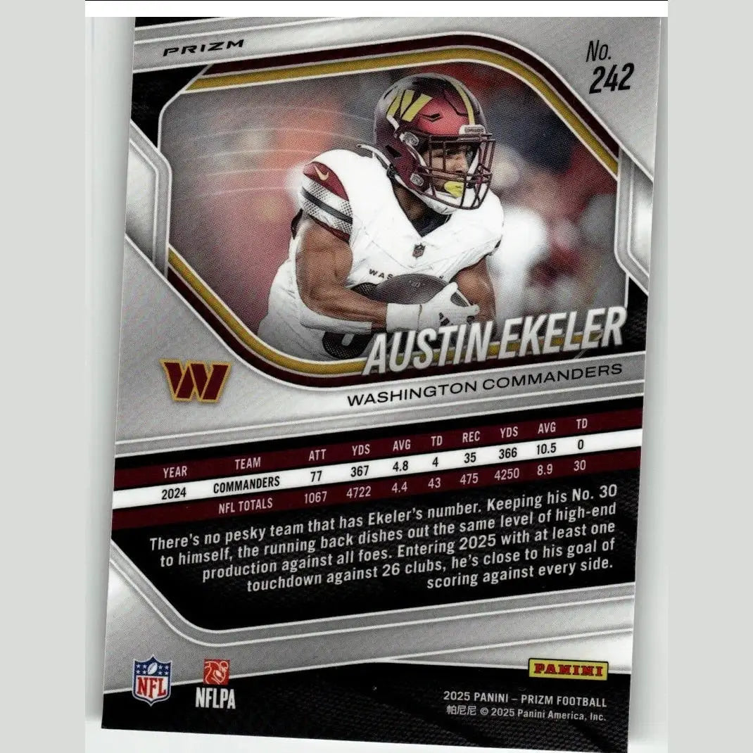 Silver and maroon panini prizm football trading card featuring austin ekeler of the washington commanders 2025