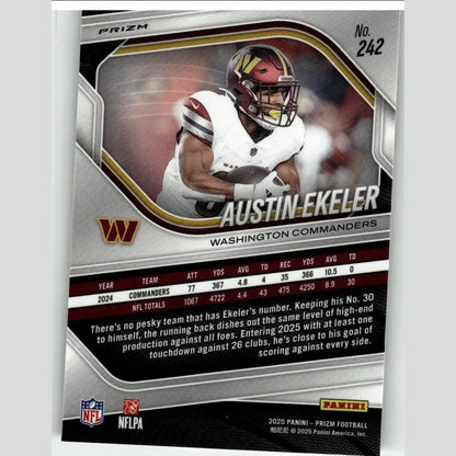 Silver and maroon panini prizm football trading card featuring austin ekeler of the washington commanders 2025