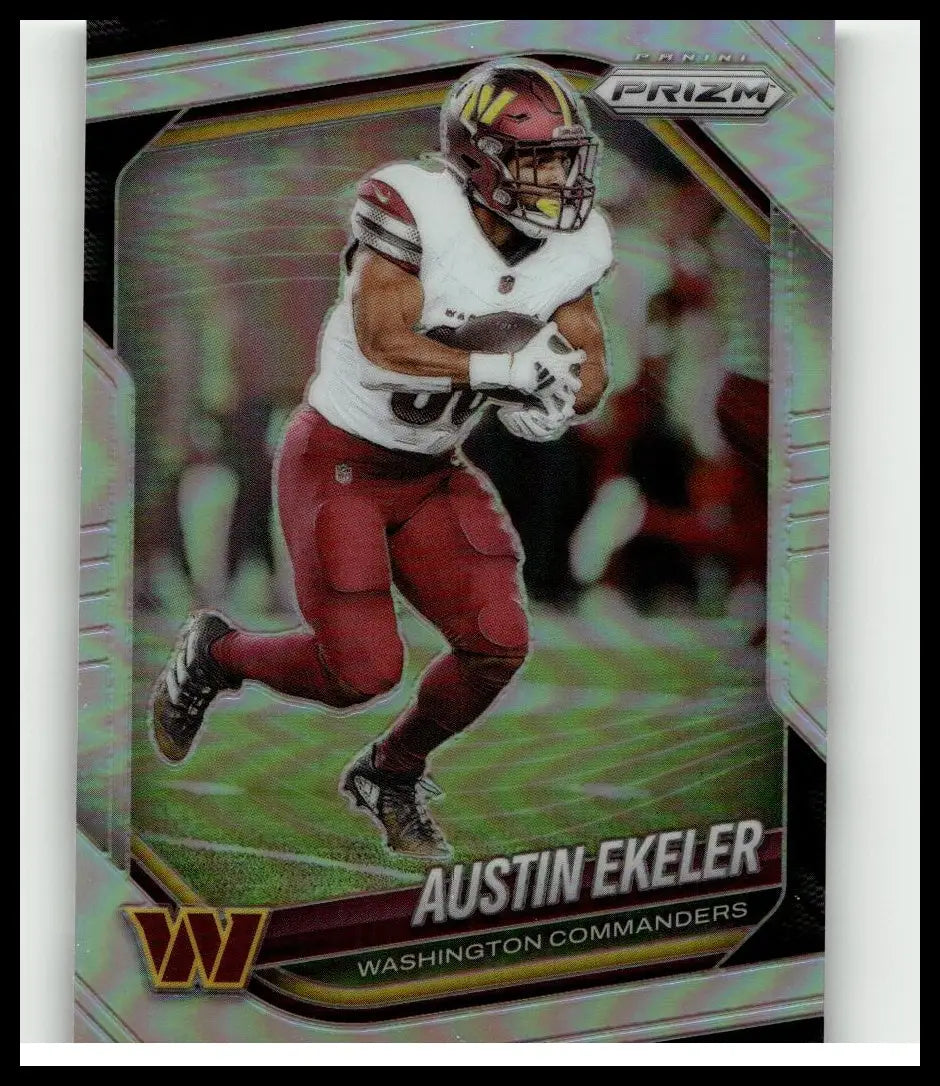 A shiny iridescent 2025 panini prizm silver trading card featuring austin ekeler in washington commanders uniform