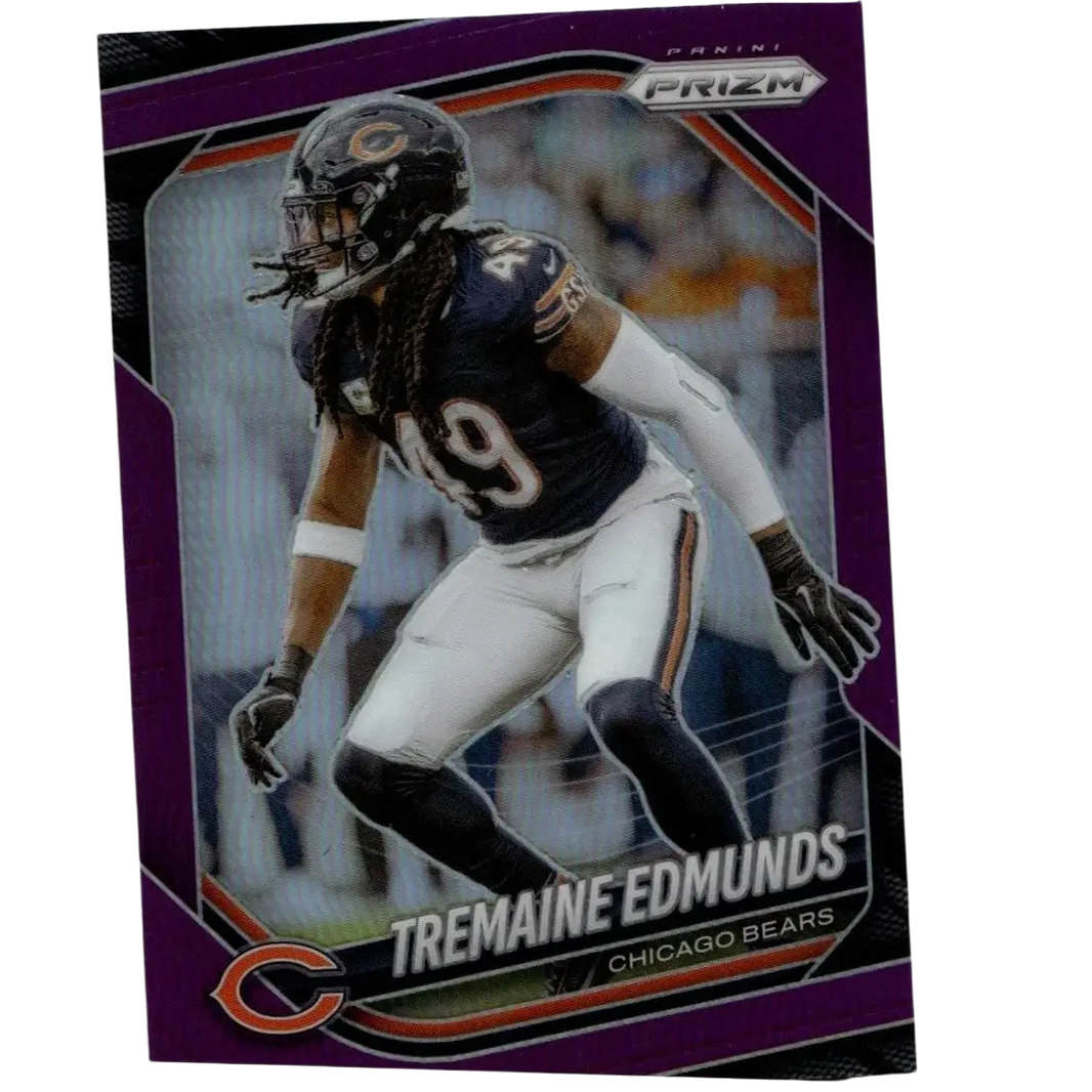 Purple and silver 2025 panini prizm #245 tremaine edmunds purple trading card in chicago bears uniform numbered 125