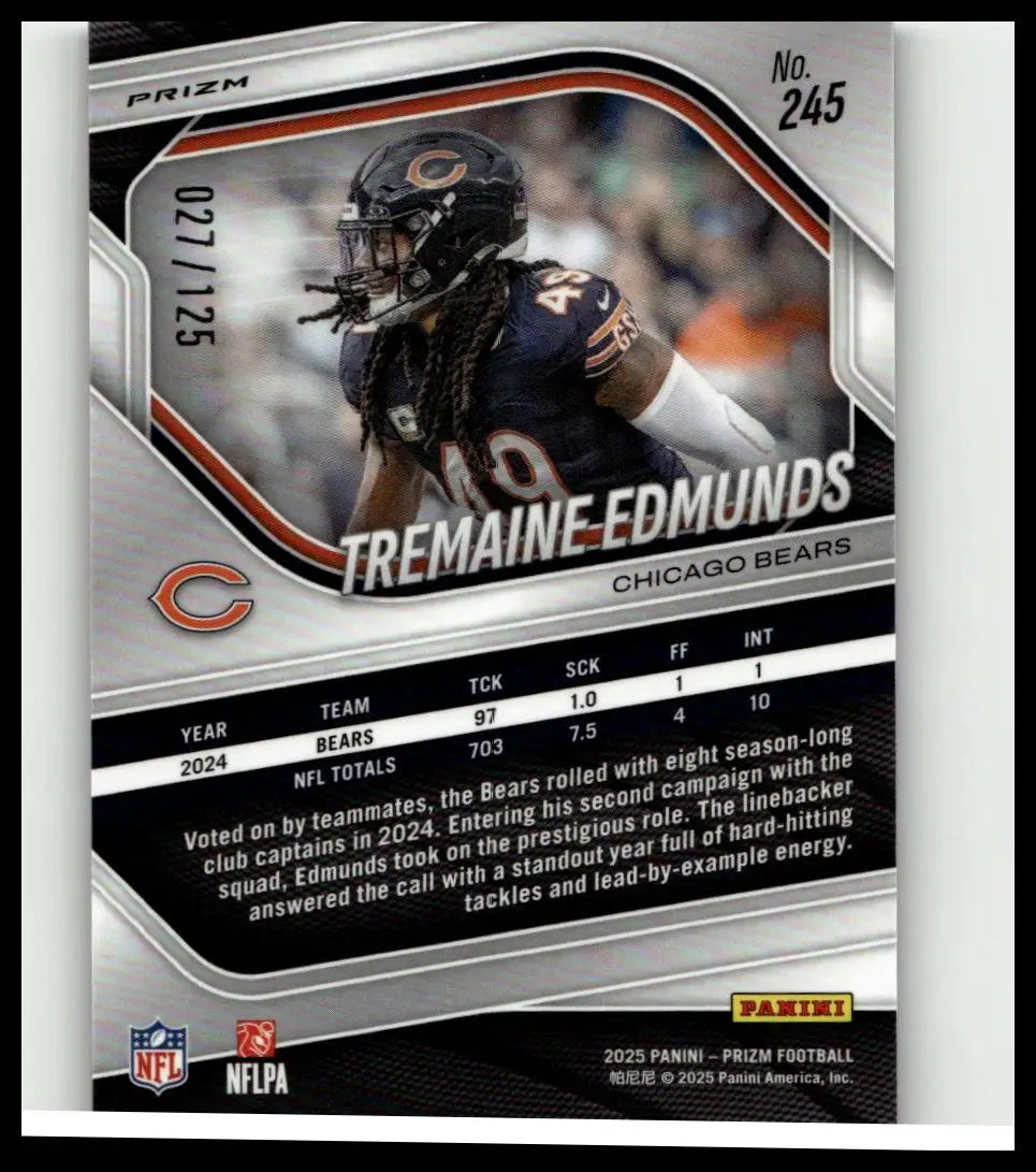 2025 Panini Prizm Tremaine Edmunds purple football card featuring Edmunds in navy blue bears jersey number 49