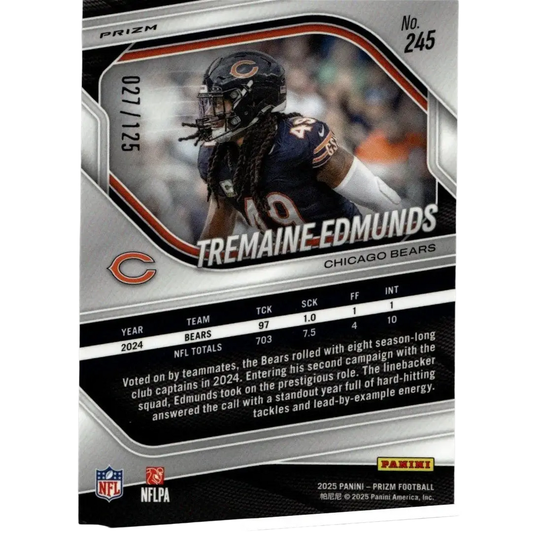 2025 Panini Prizm #245 tremaine edmunds purple prizm trading card featuring silver and black design limited to 125