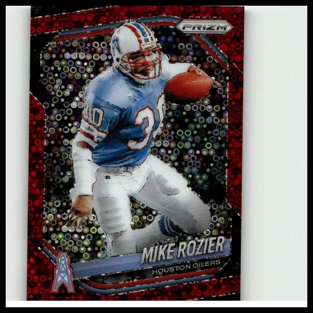 A red sparkling panini prizm 2025 football card of mike rozier in a blue and white houston oilers uniform huddle red